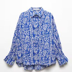 NWT Mango Blue and White Floral Print Blouse S